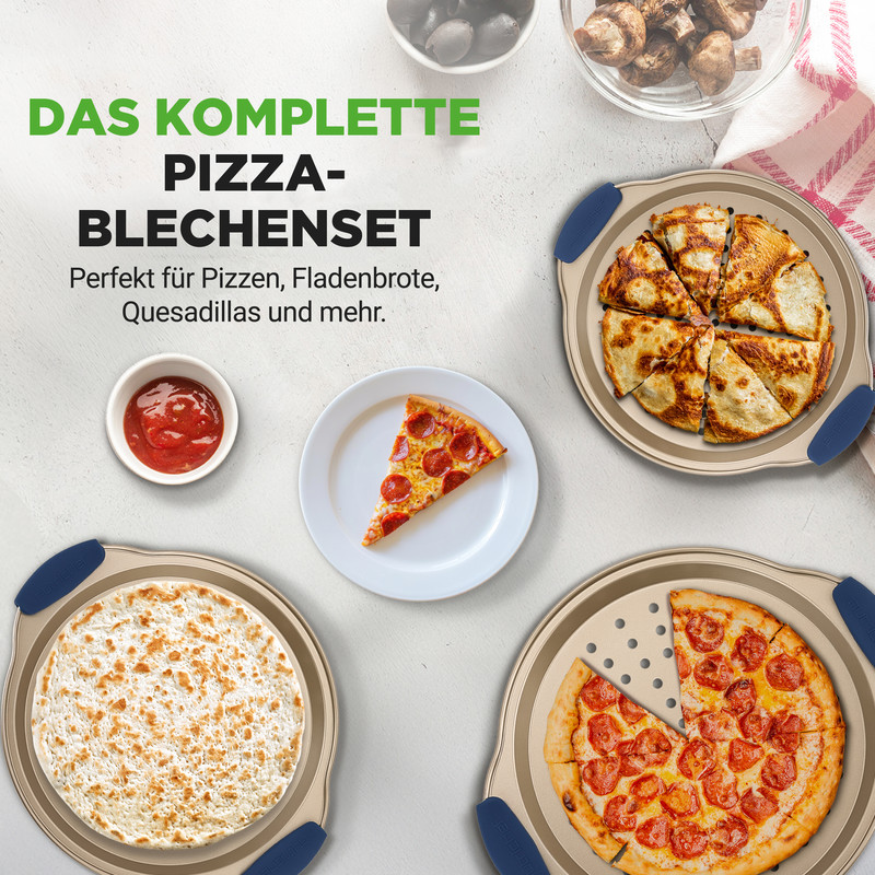 Pizza-Blechset mit Pizzen, Fladenbrot, Quesadillas, Dip und Pilzen.
