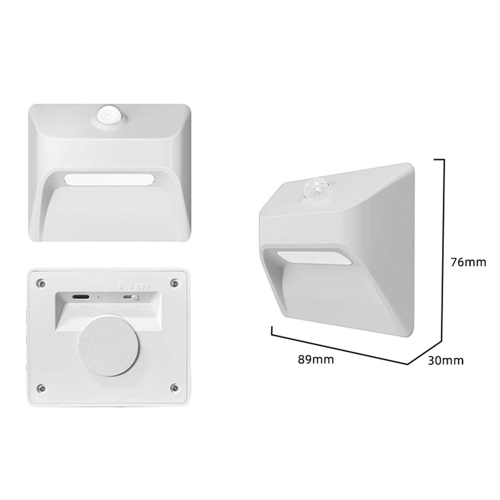 Weiße Lampe mit Bewegungssensor, USB-Anschluss und Schalter. Maße: 89x76x30mm.