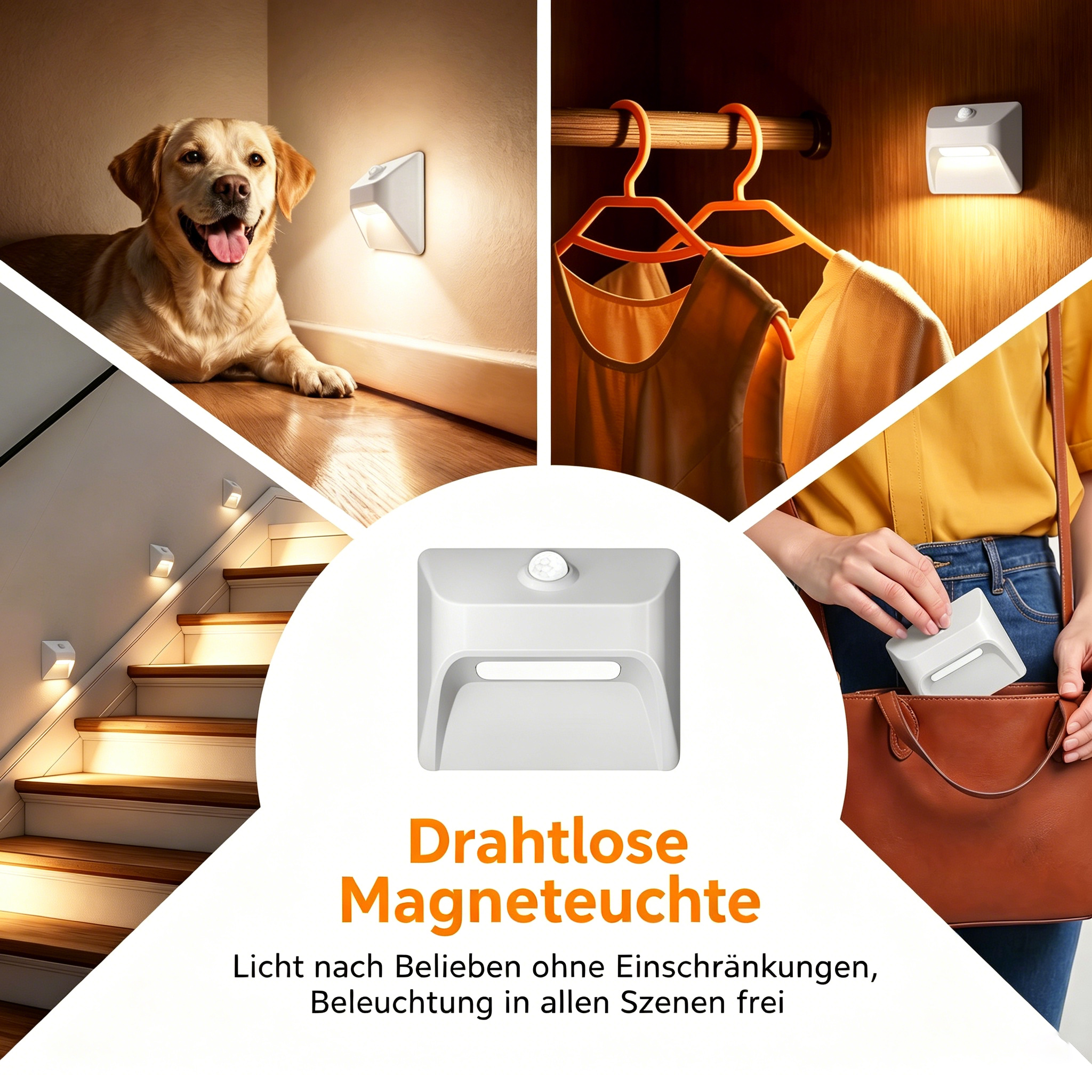 Produktcollage: Hund, Kleidung im Schrank, Treppe, Tasche, Magnetlicht.