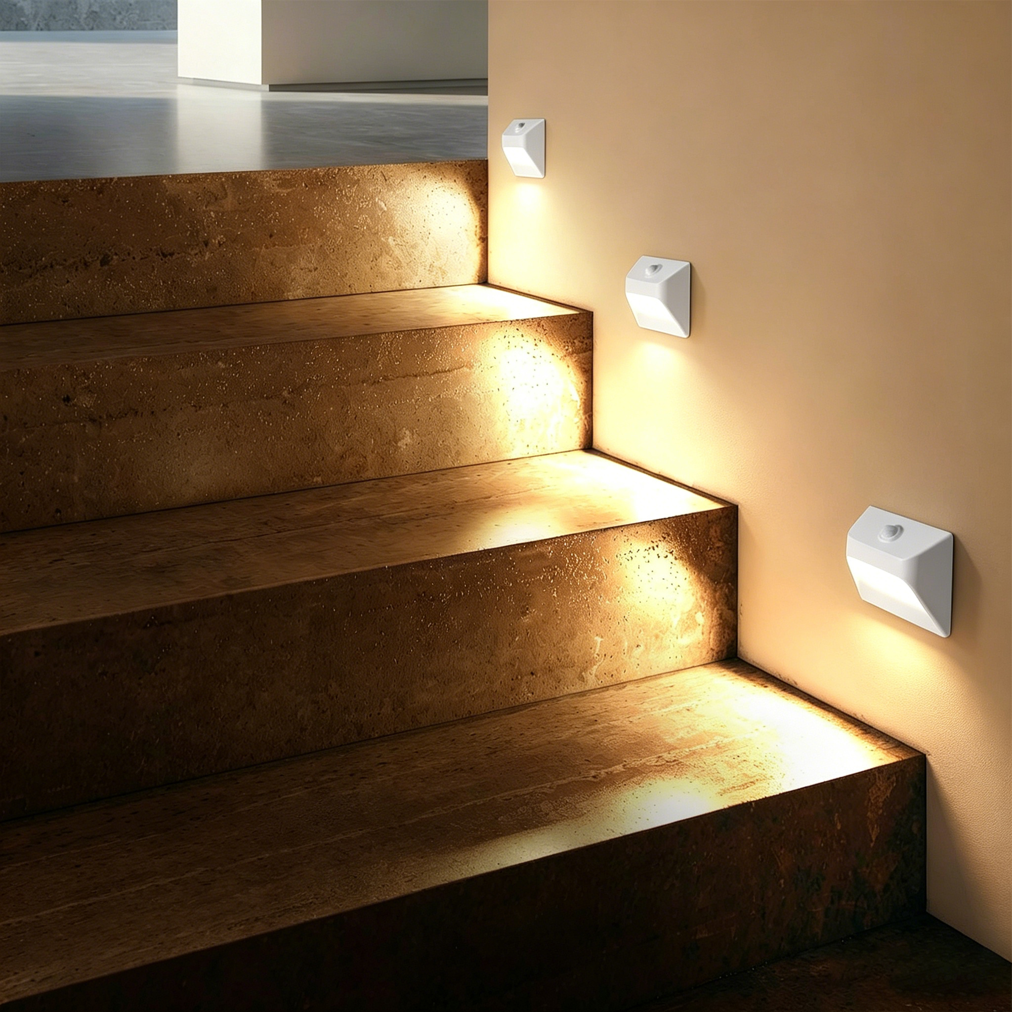 Weiße Stufenleuchten beleuchten eine braune Steintreppe in einem modernen Flur.