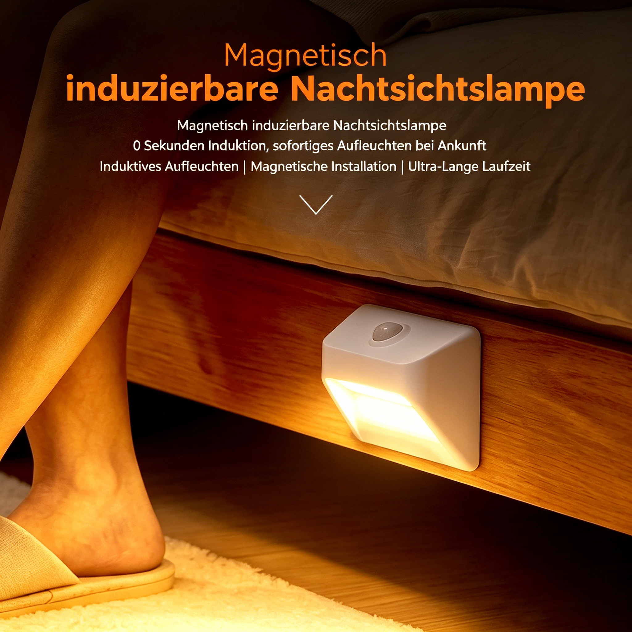 Eine weiße Nachtlichtlampe mit Sensor leuchtet unter einem Holzbett.