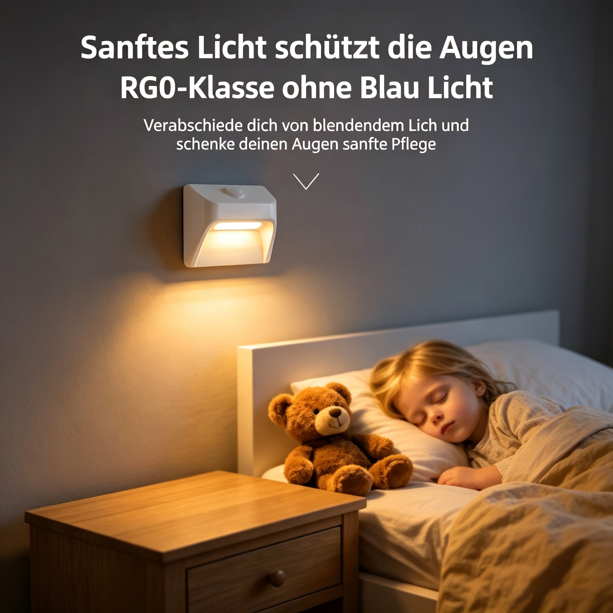 Ein Nachtlicht leuchtet über einem schlafenden Kind und Teddybär.