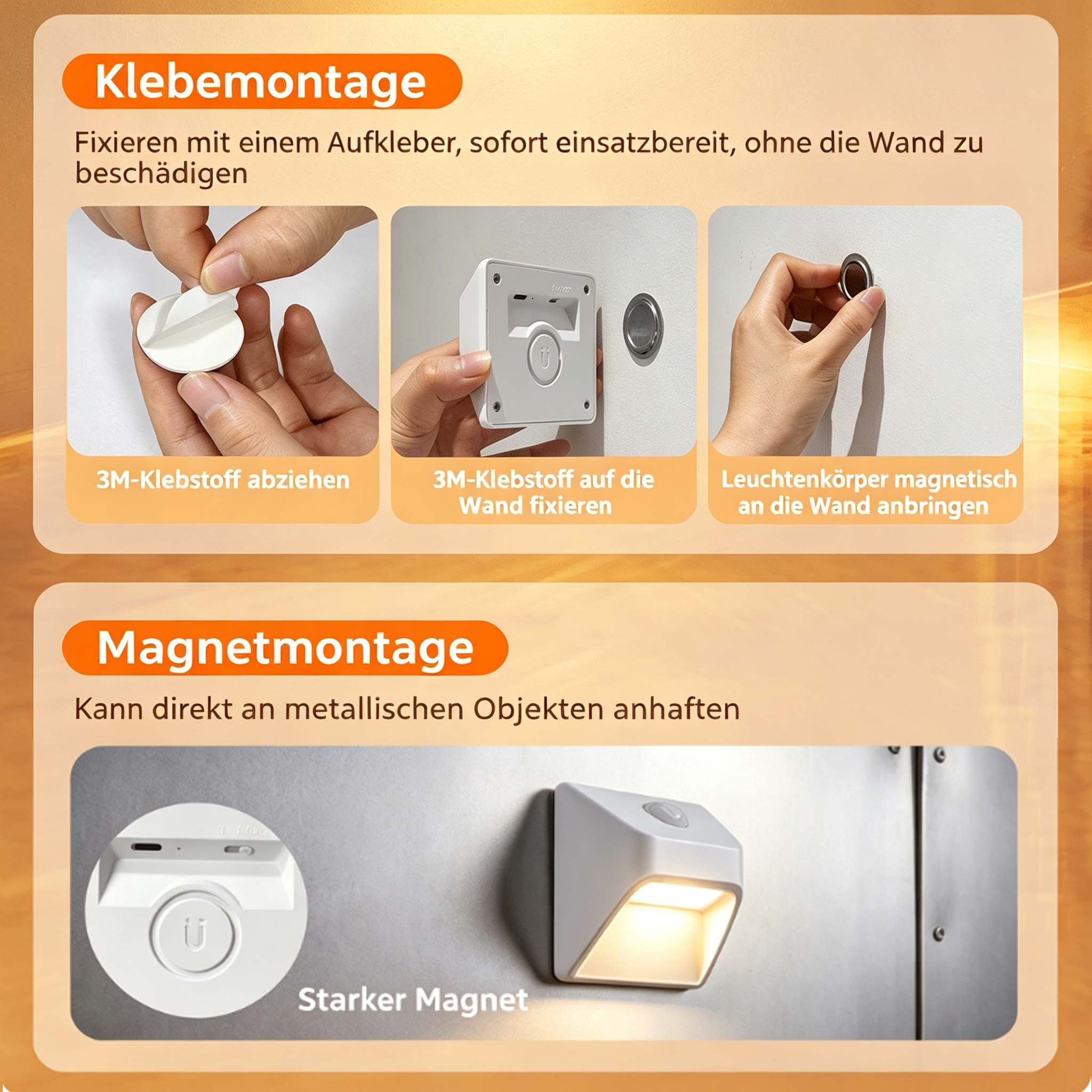 Anleitung zur Klebe- und Magnetmontage einer Lampe mit Zubehör.