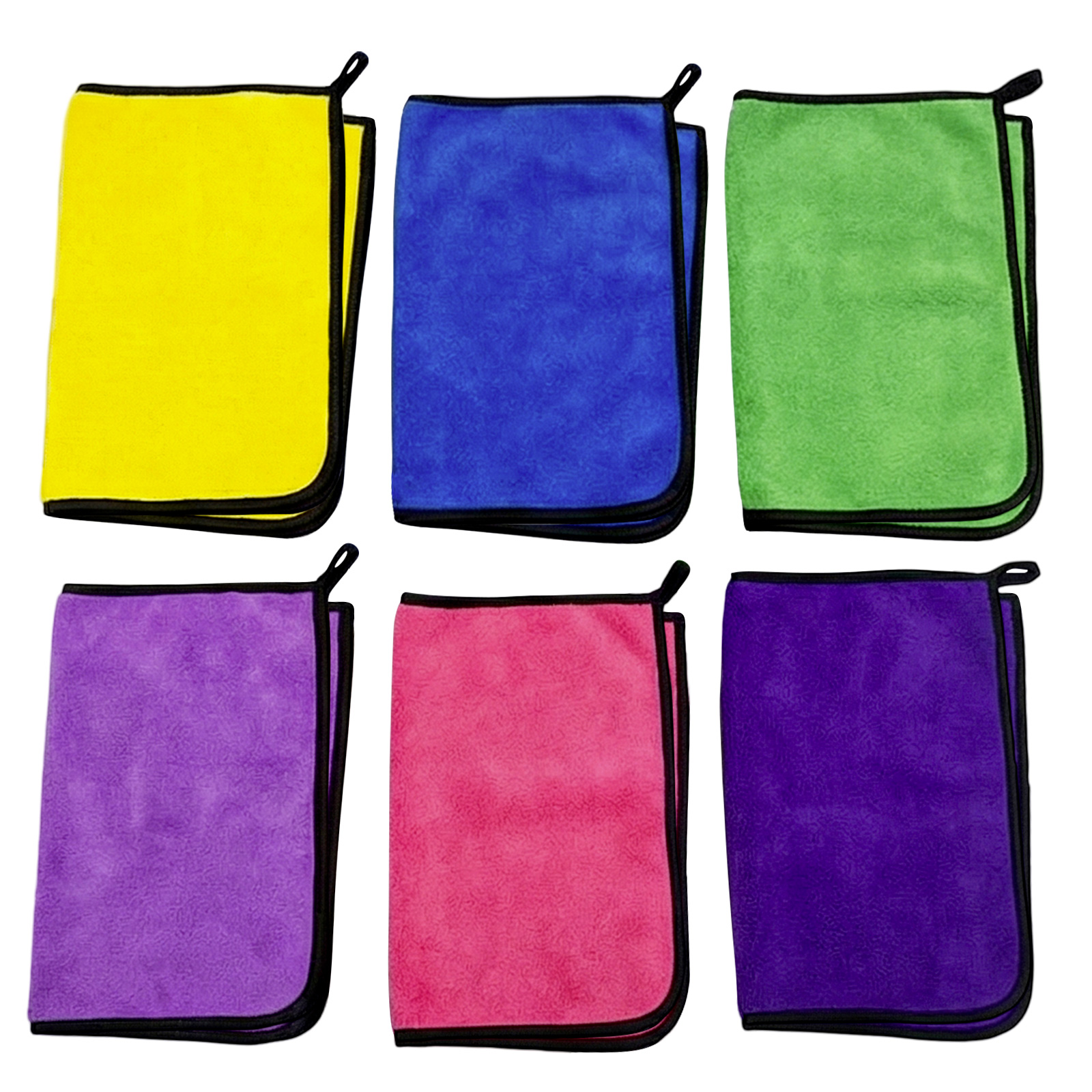 Sechs Mikrofaser-Tücher in Gelb, Blau, Grün, Lila, Rosa und Violett.