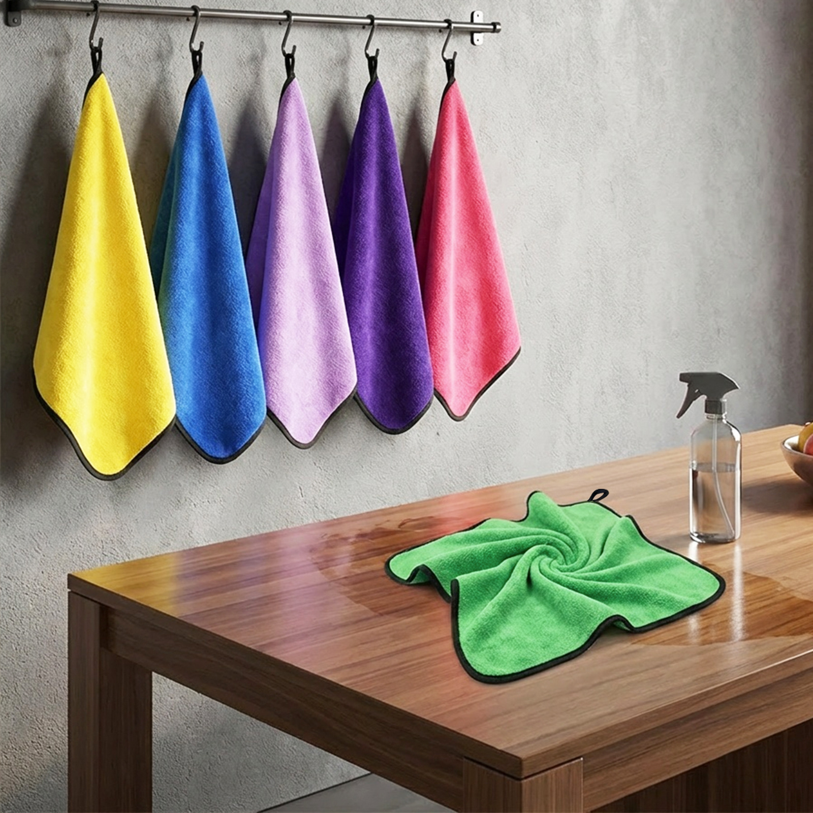 Fünf bunte Handtücher hängen an einem Regal. Ein grünes liegt auf einem Holztisch.