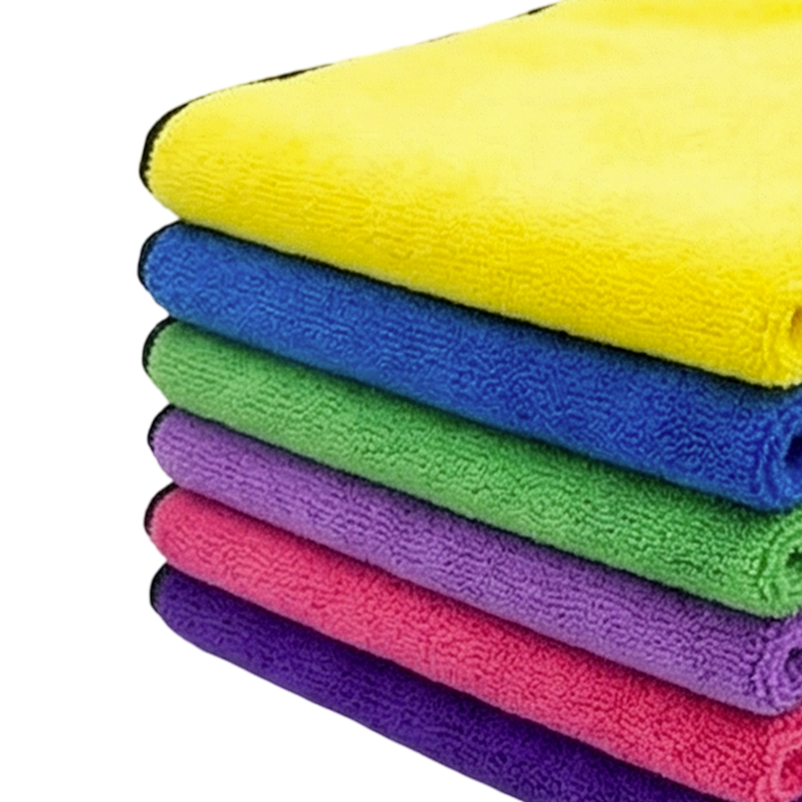 Ein Stapel bunter Mikrofasertücher: Gelb, Blau, Grün, Lila, Pink, Violett.