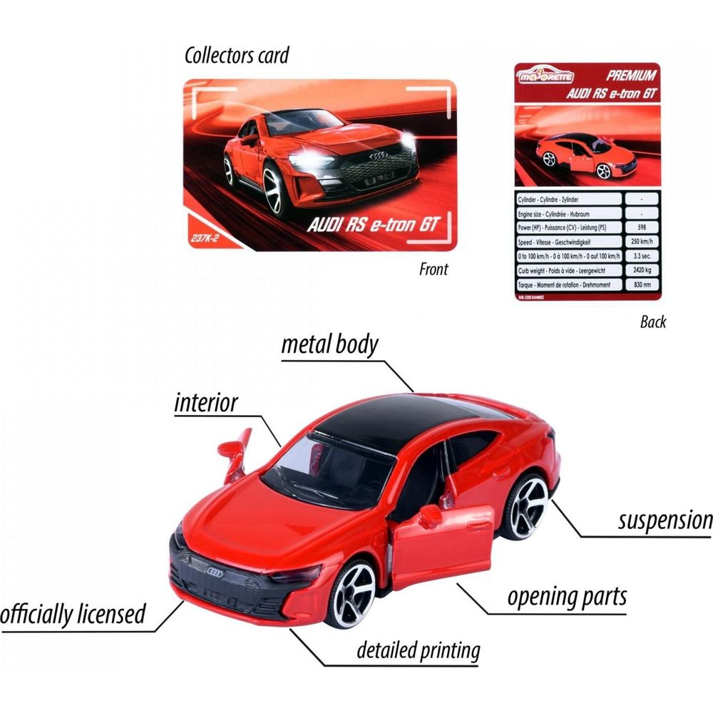 Roter Audi RS e-tron GT Spielzeugauto mit geöffneten Türen, Sammlerkarten und technischen Daten.