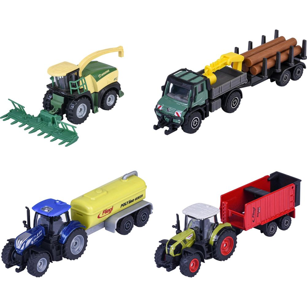 Vier Spielzeug-Landmaschinen: Feldhäcksler, Holztransporter, Tankanhänger-Traktor, roter Anhängertraktor.