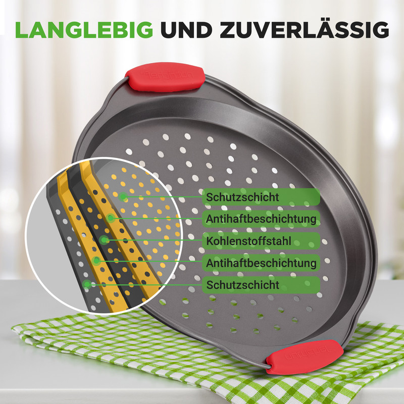 Eine perforierte Pizzapfanne mit roten Griffen und einer Skizze der Schichtkonstruktion.