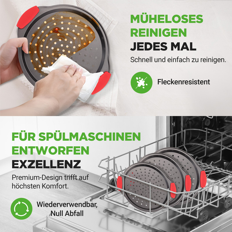 Pfanne wird gereinigt, zwei Pfannenböden in Spülmaschine.