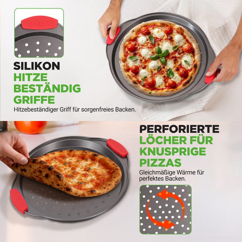 Ein Mann hält eine Pizza auf einem perforierten Blech mit roten Silikongriffen.