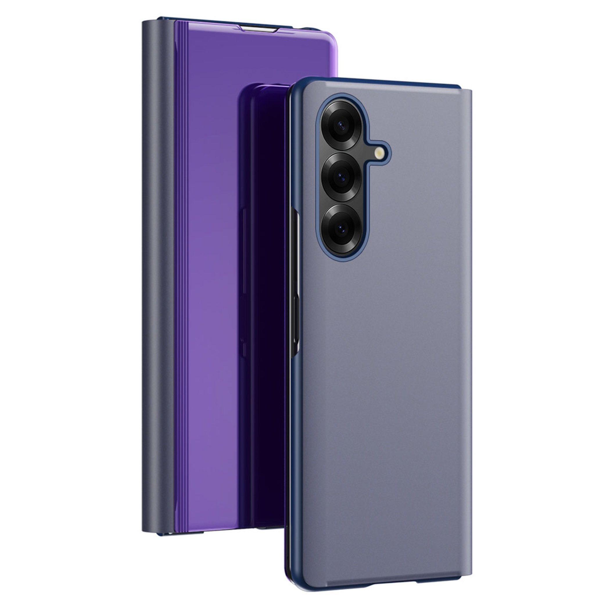 Ein violettes und ein graues Handy mit Kameras auf weißem Grund.