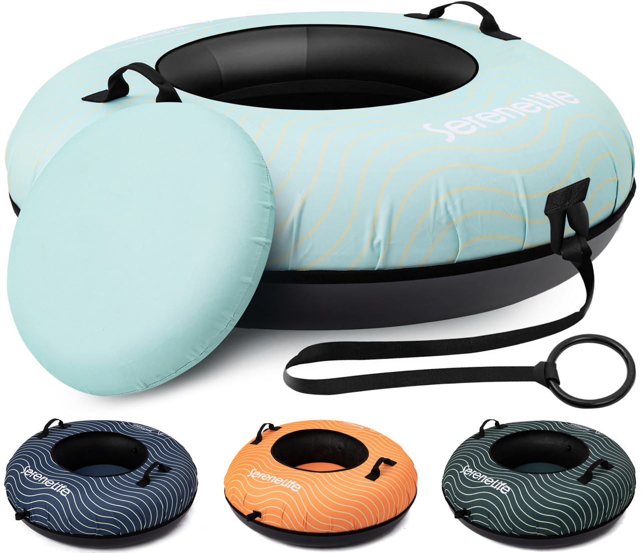 Ein hellblaues Snowtube mit Wellenmuster, Sitz und Griff.