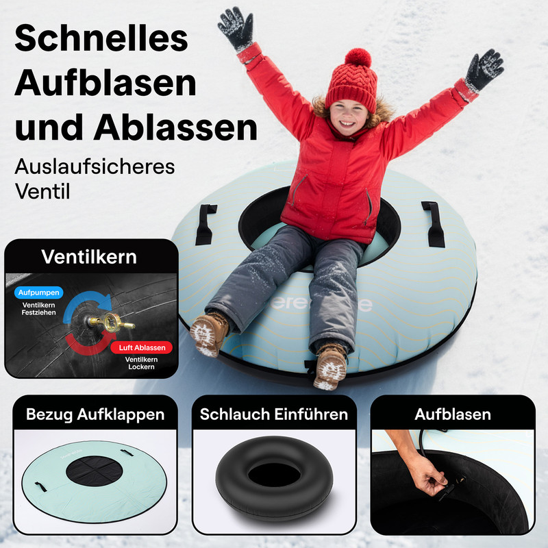 Kind im Schnee sitzt auf einem aufblasbaren Schlauch. Anleitungen für Ventil, Bezug, Schlauch und Aufblasen.