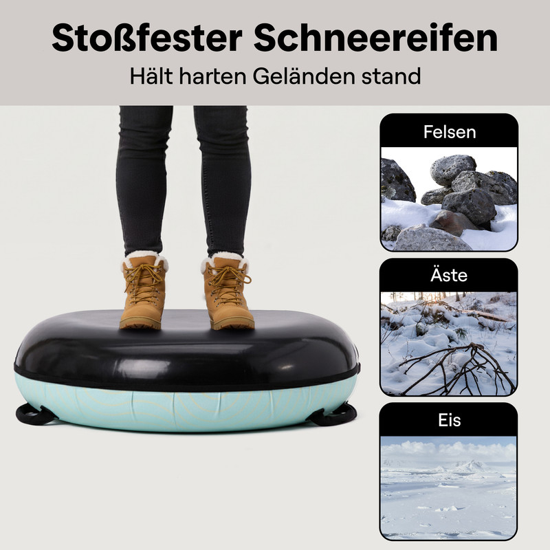 Person steht auf Reifen neben Bildern von Felsen, Ästen und Eis.