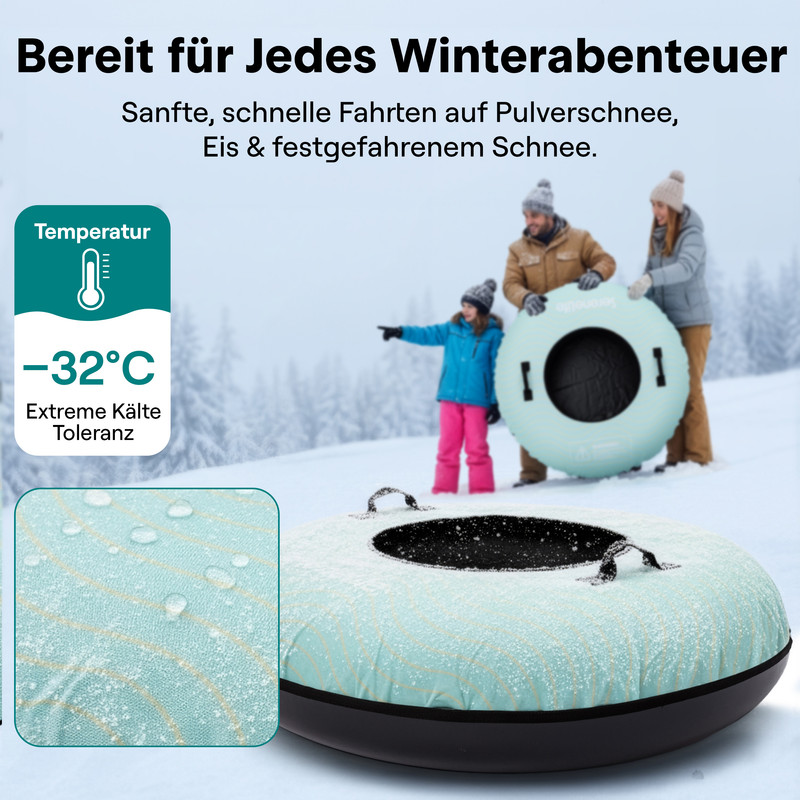 Familie mit Schlauchbooten im Schnee, zeigt extreme Kältetoleranz von -32°C.