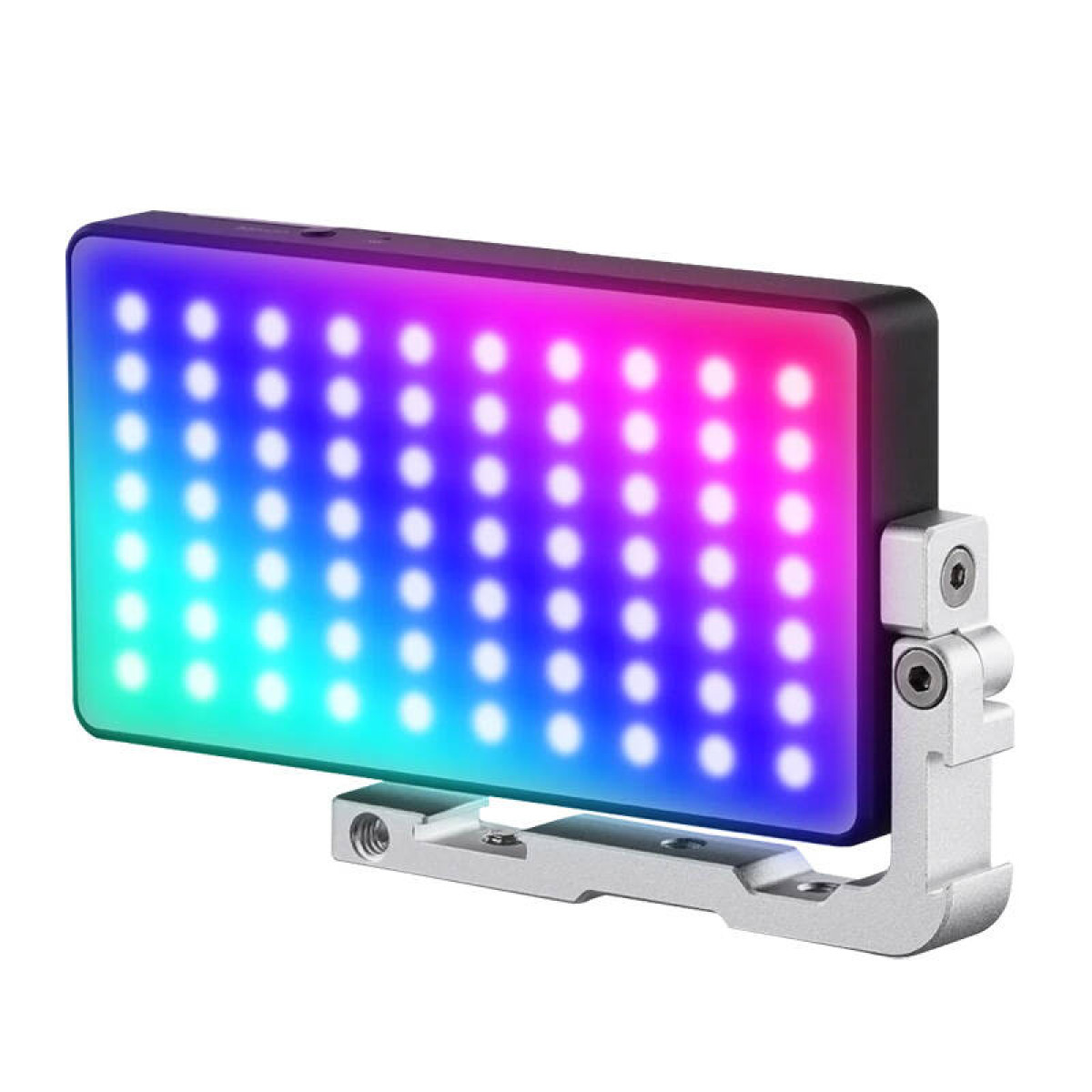 Una luce LED rettangolare con gradiente arcobaleno e staffa argentata.