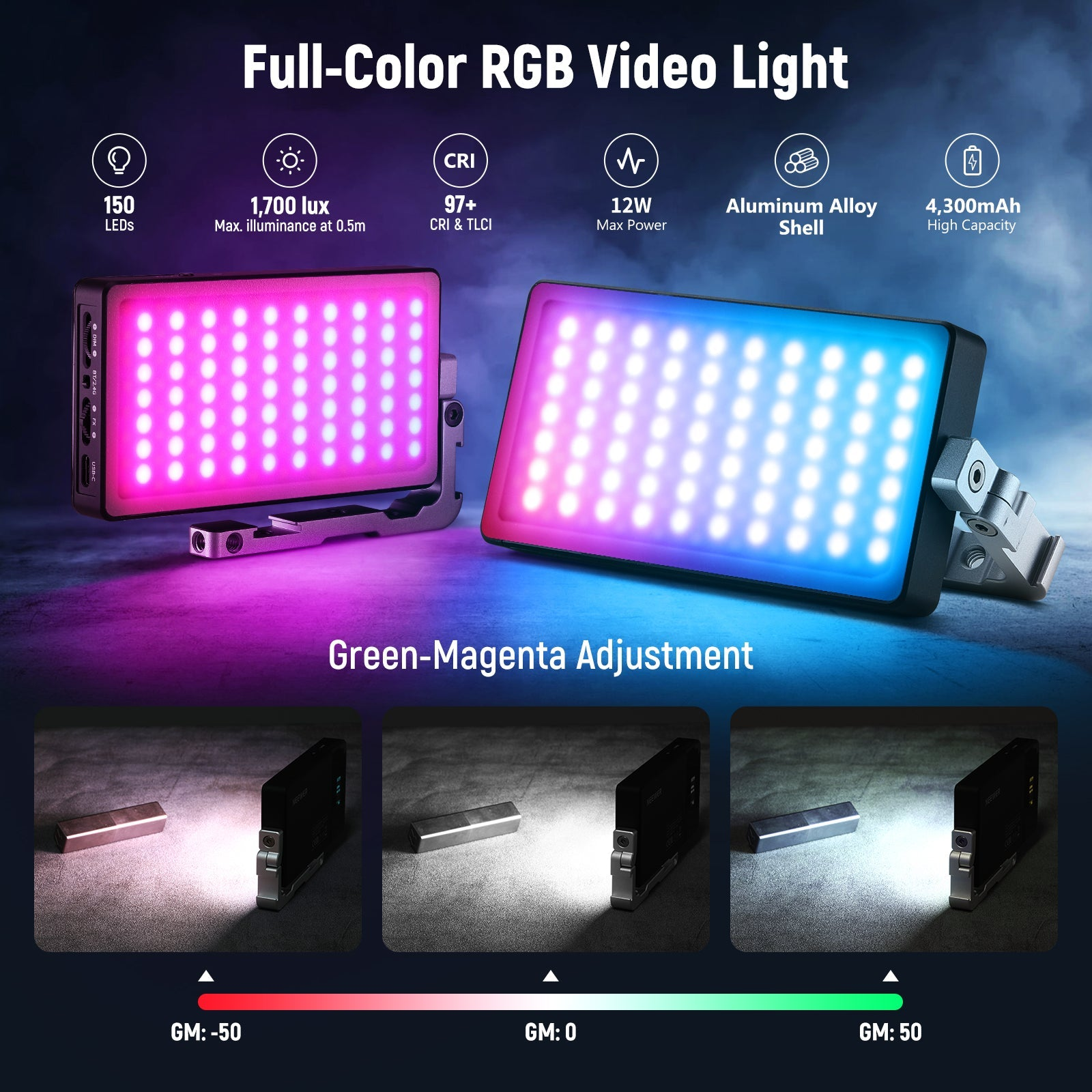 Due luci video RGB mostrano tonalità rosa e blu. Sotto tre primi piani di una luce con regolazione del colore.