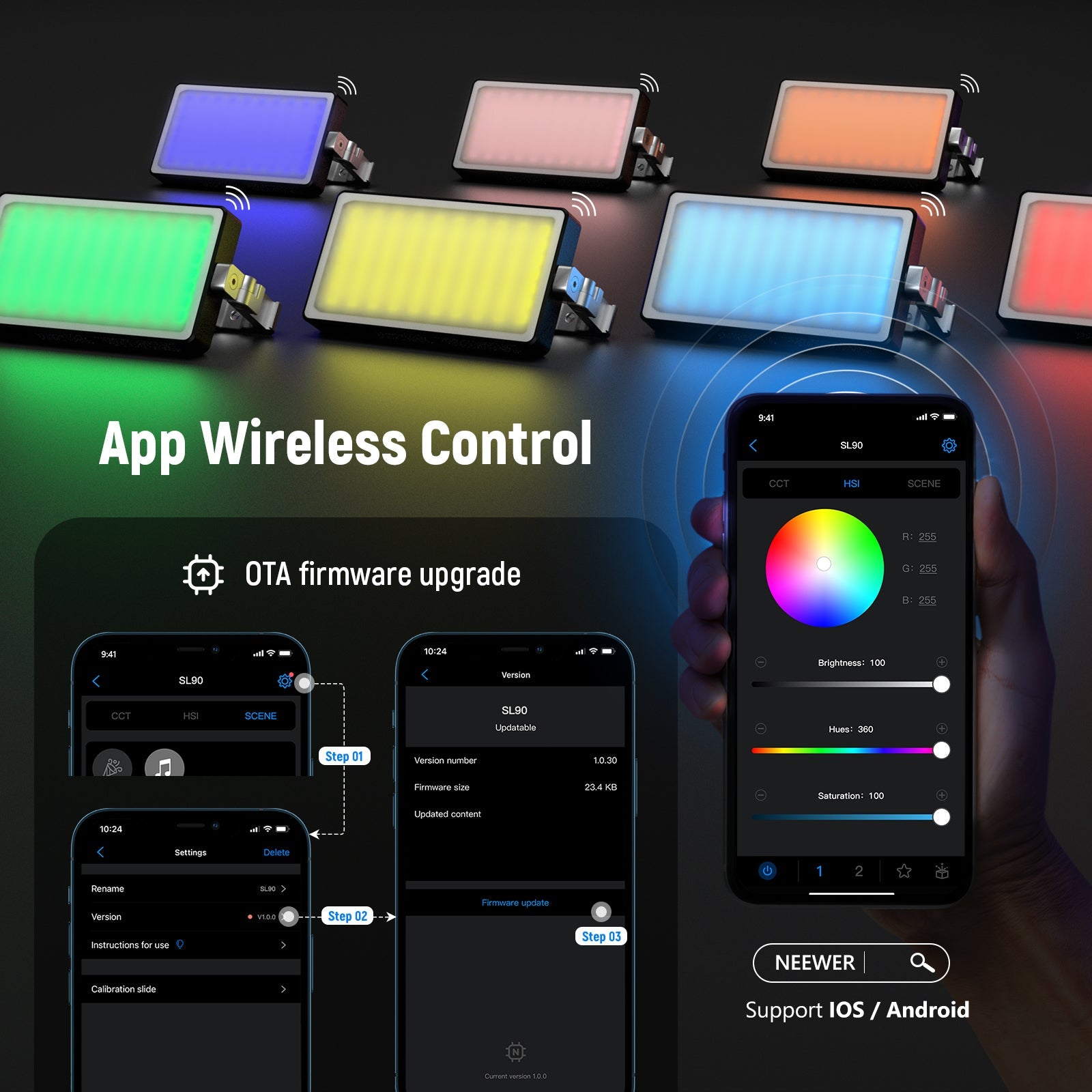 Molteplici luci LED colorate controllate in modalità wireless tramite app.
