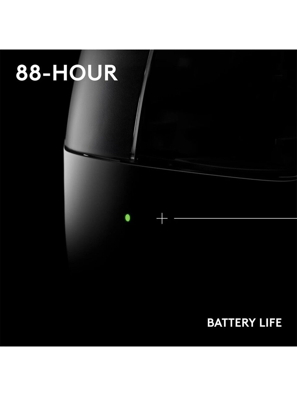 Durata batteria 88 ore su sfondo nero con luce verde.
