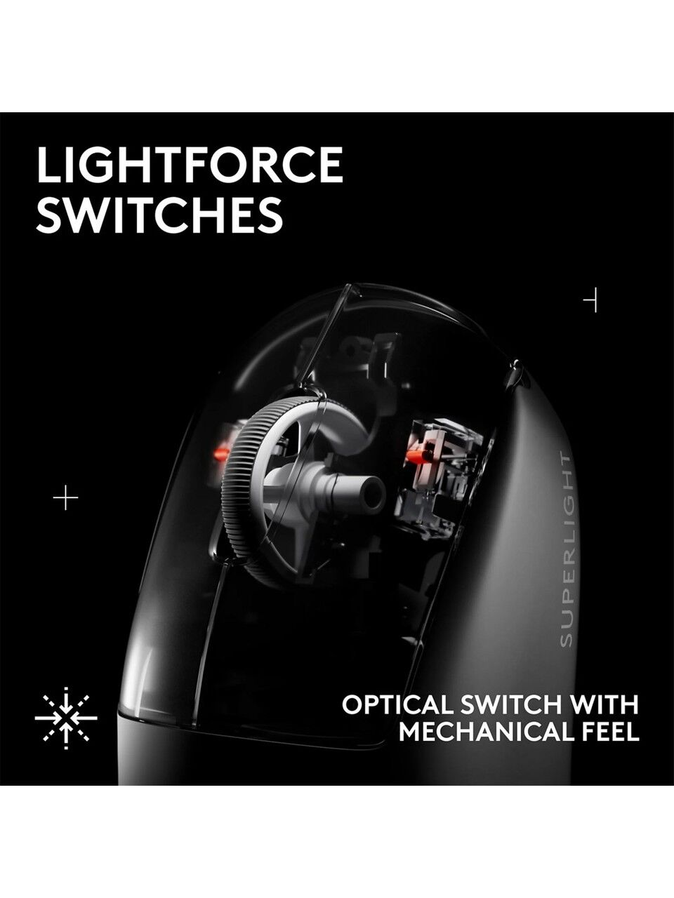 Immagine in bianco e nero di un mouse ottico con "Lightforce Switches" e testo "Superlight".