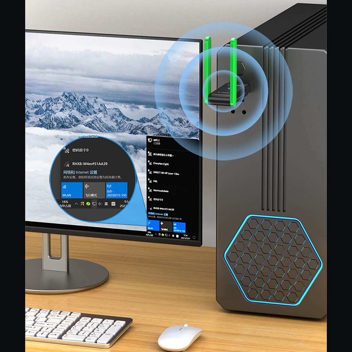 Ein Computergehäuse mit einem Monitor, der Netzwerkeinstellungen anzeigt.