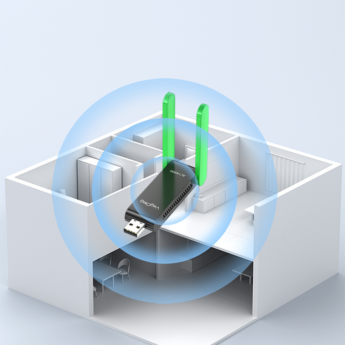 Ein schwarzer WLAN-Adapter mit grünen Antennen in einem Hausmodell.