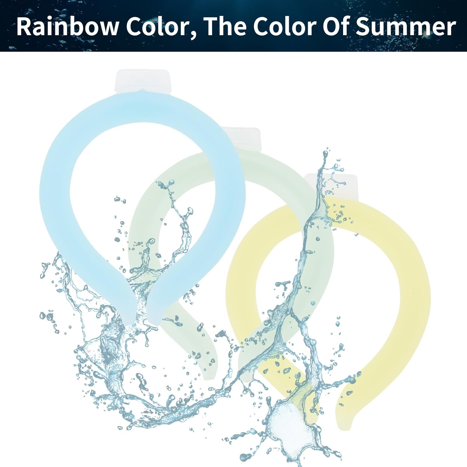 Ein blauer, ein hellgrüner und ein gelber Ring mit Wasserspritzern.