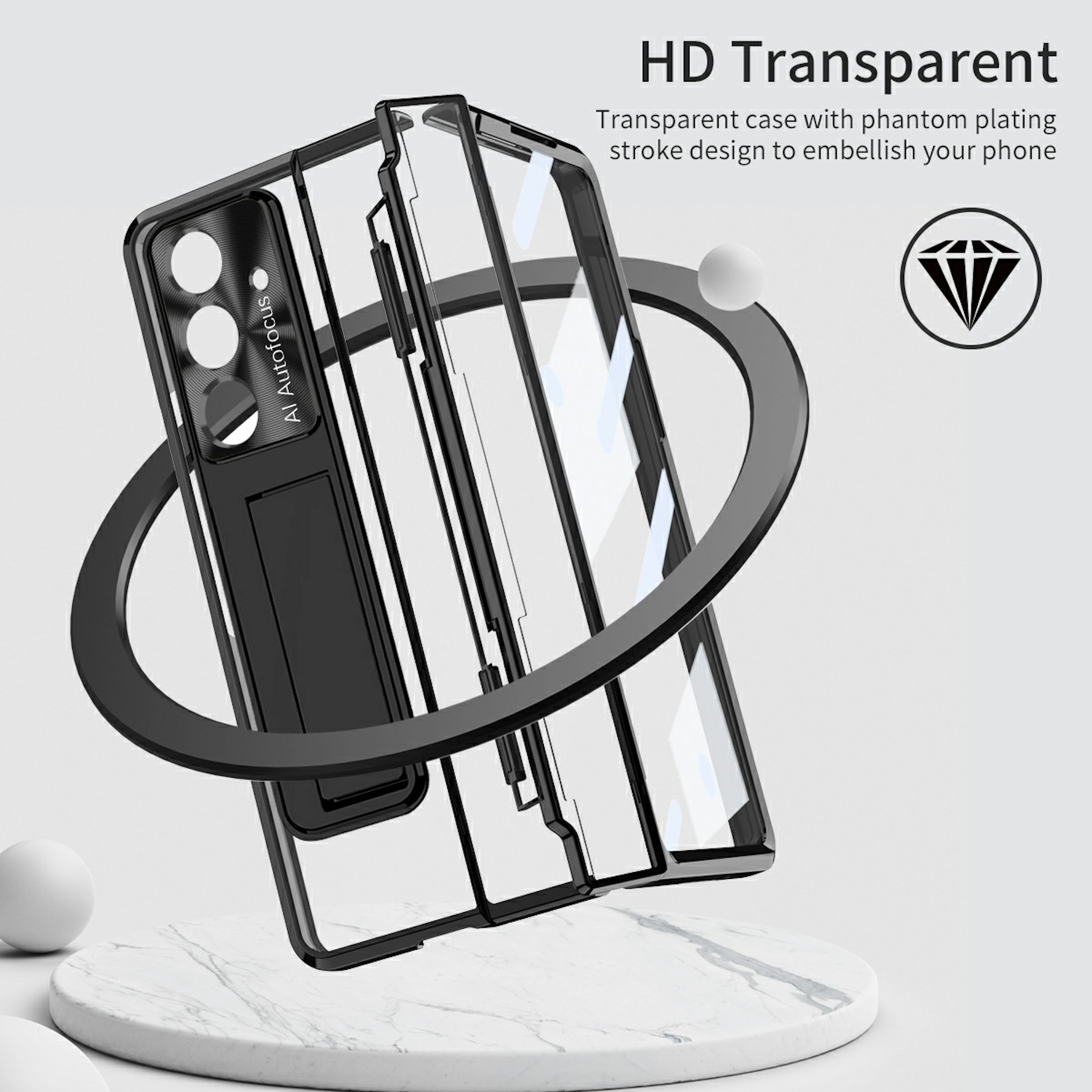 Transparente Handyhülle mit Ständer und Fokus-Design.