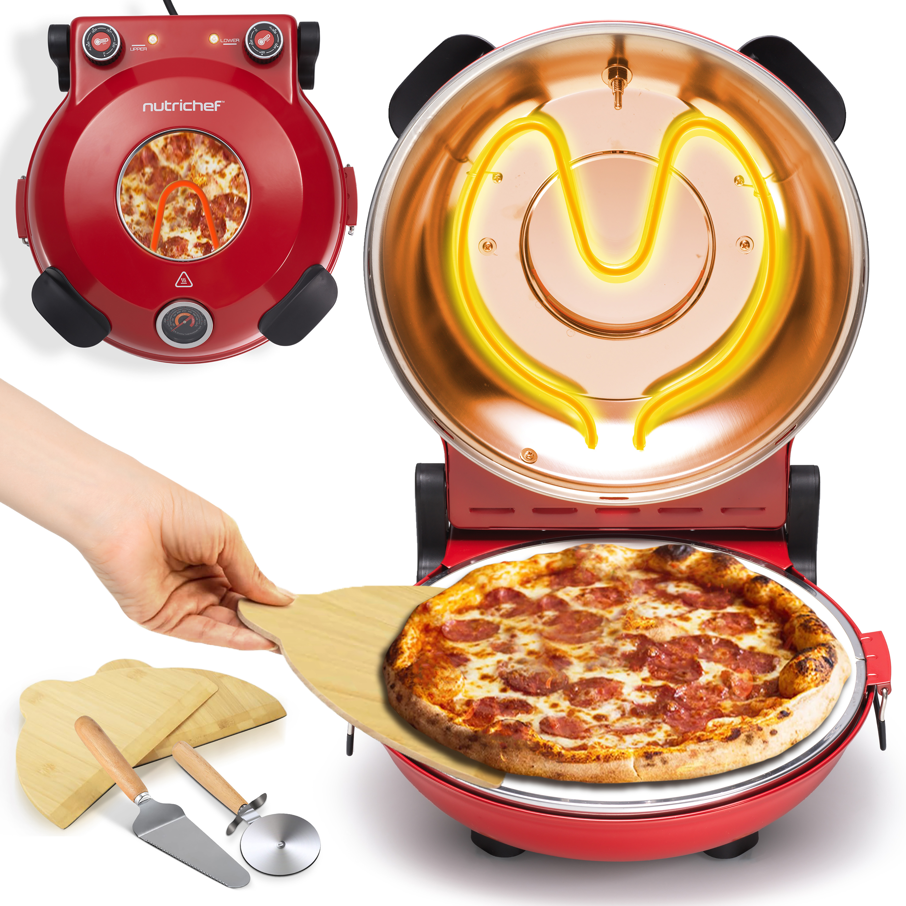 Ein roter Pizzaofen mit Pizzaschaufel, Pizzaschneider und zwei Holzbrettern.