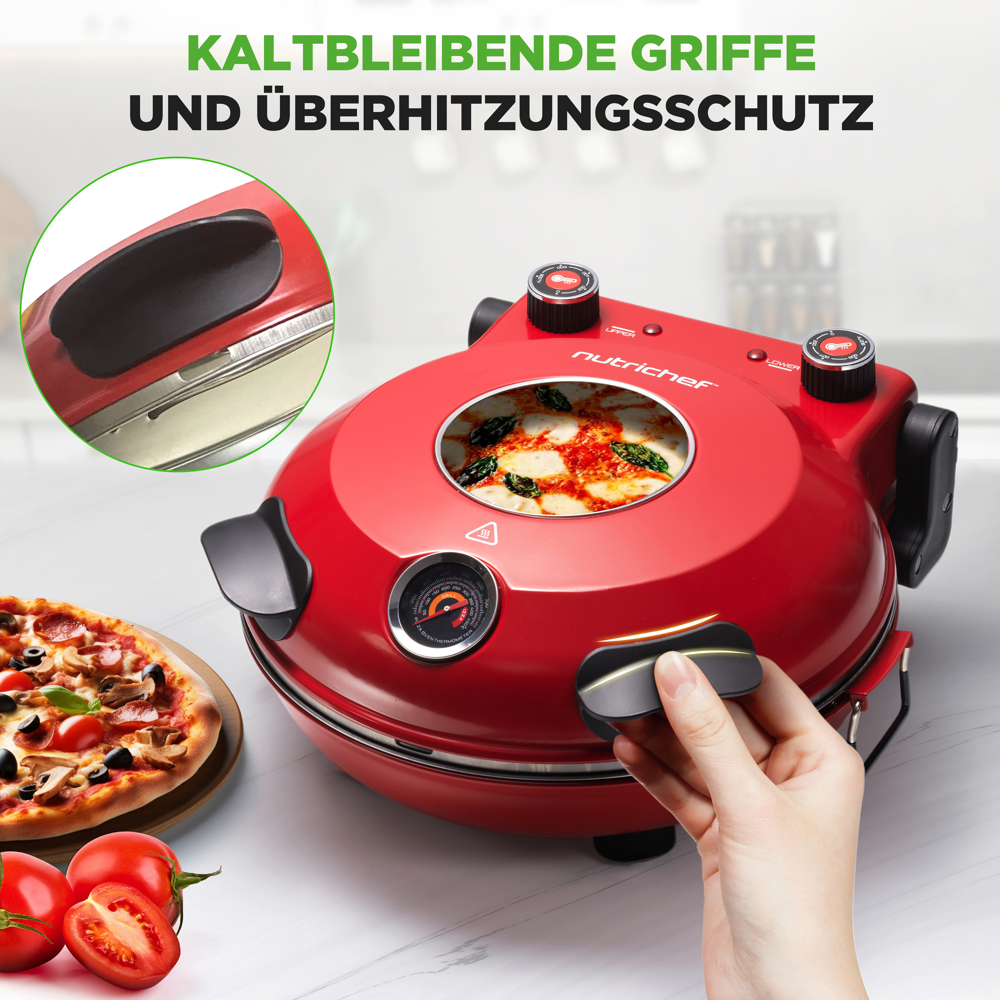Roter Pizzaofen mit Thermometer, Pizza und Tomaten.