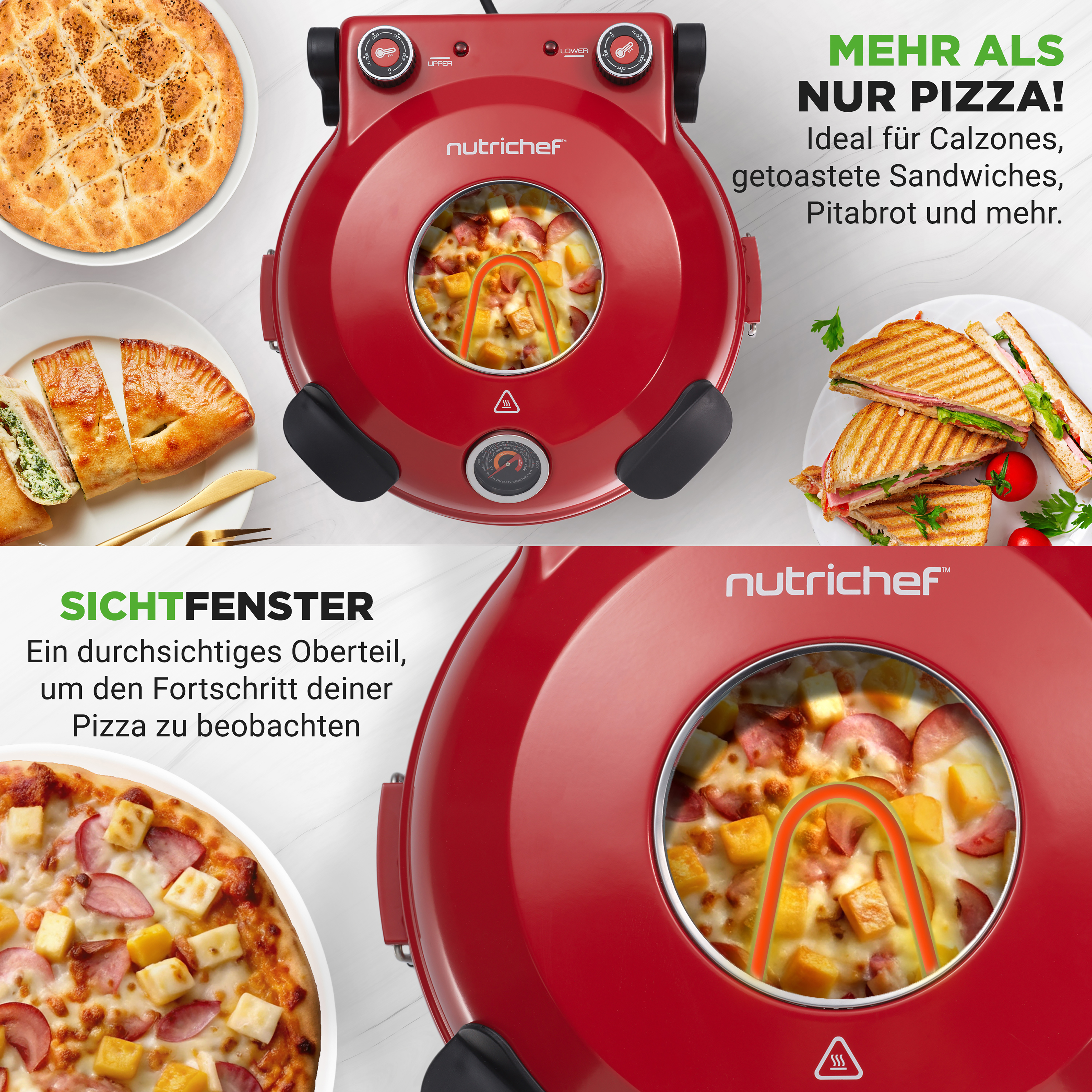 Roter Pizzaofen mit Pizza, Sandwiches und Pitabrot.