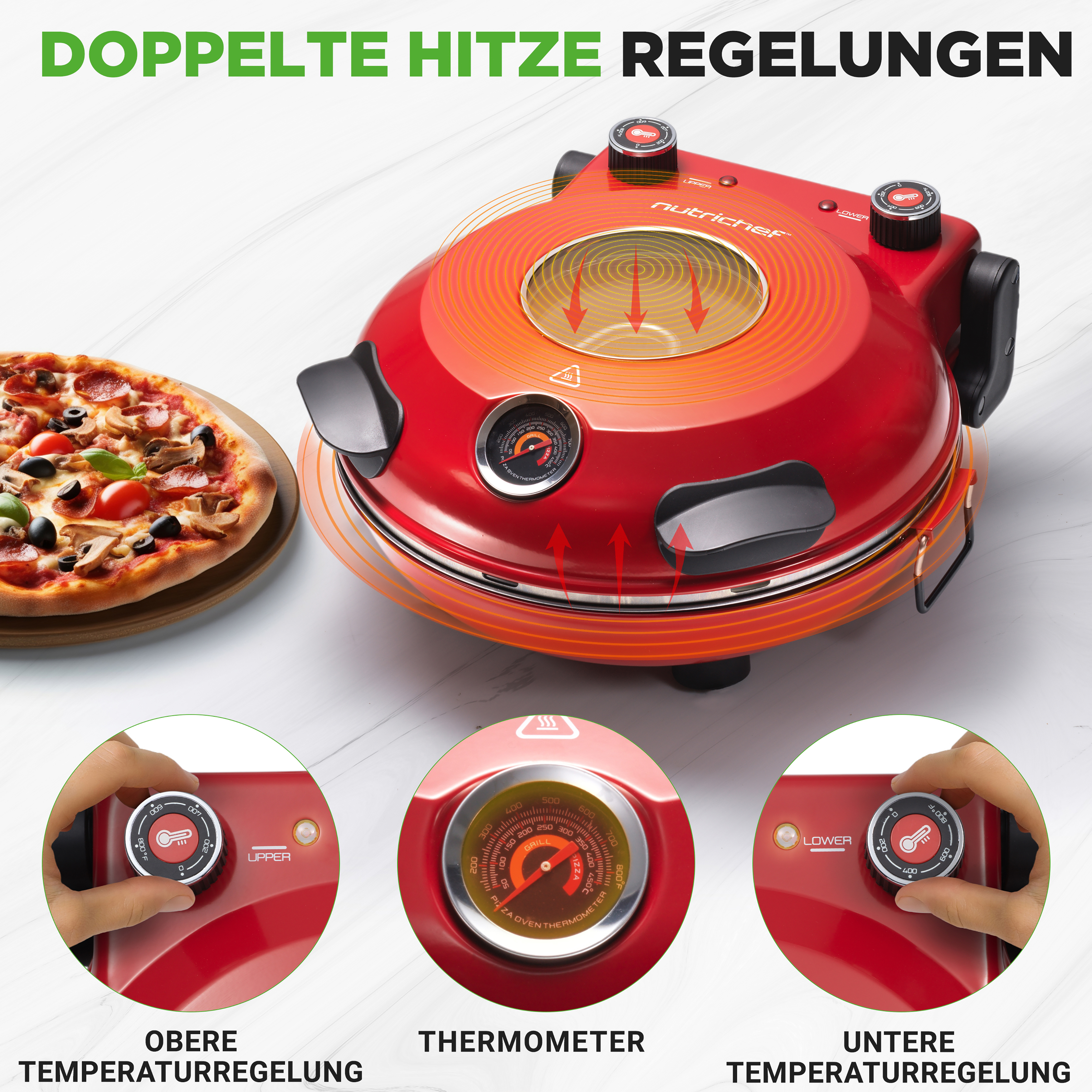 Ein roter Pizzaofen mit Temperaturreglern und Thermometer.