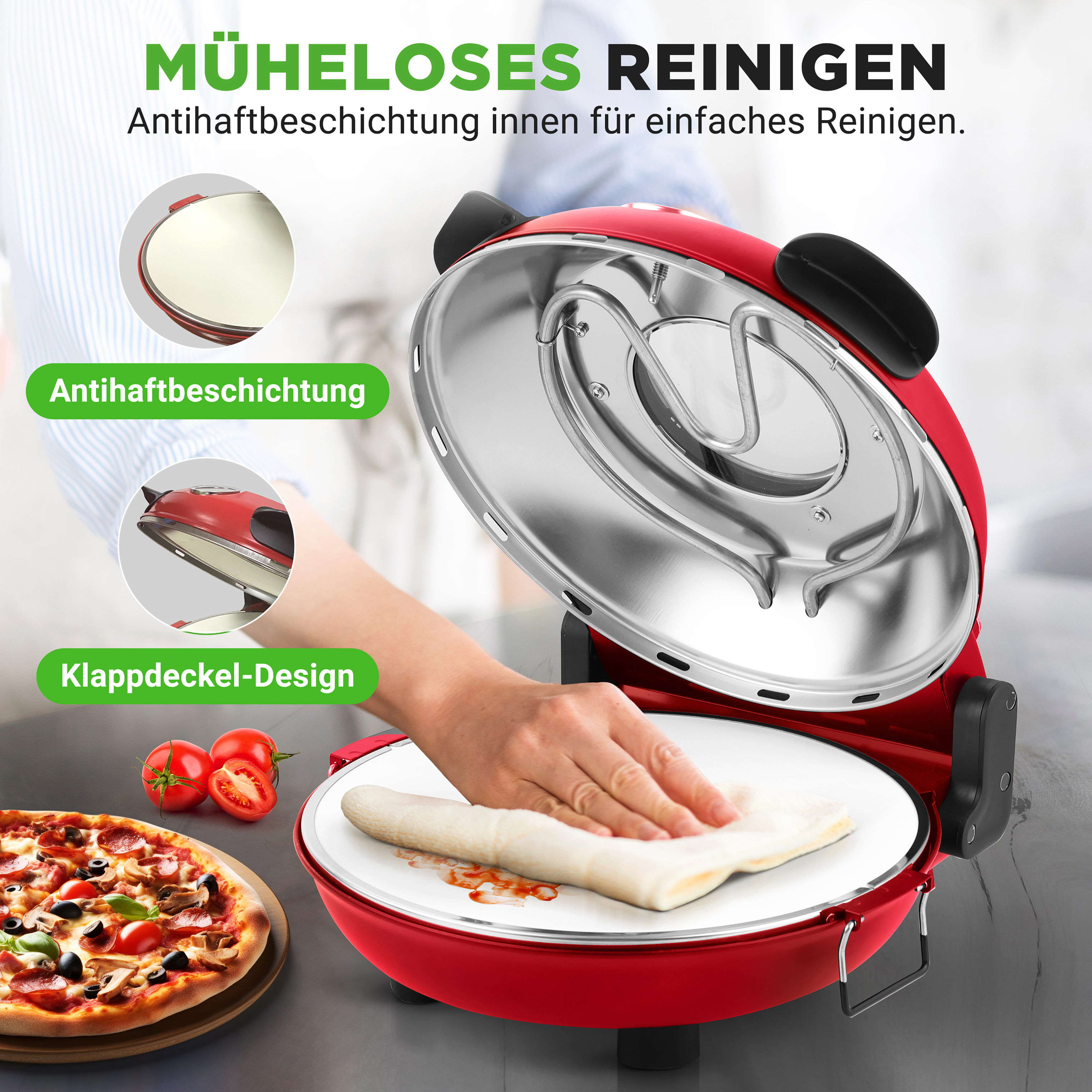 Rote Pizzaofen mit aufgeklapptem Deckel, Hand reinigt die Platte, daneben Pizza.
