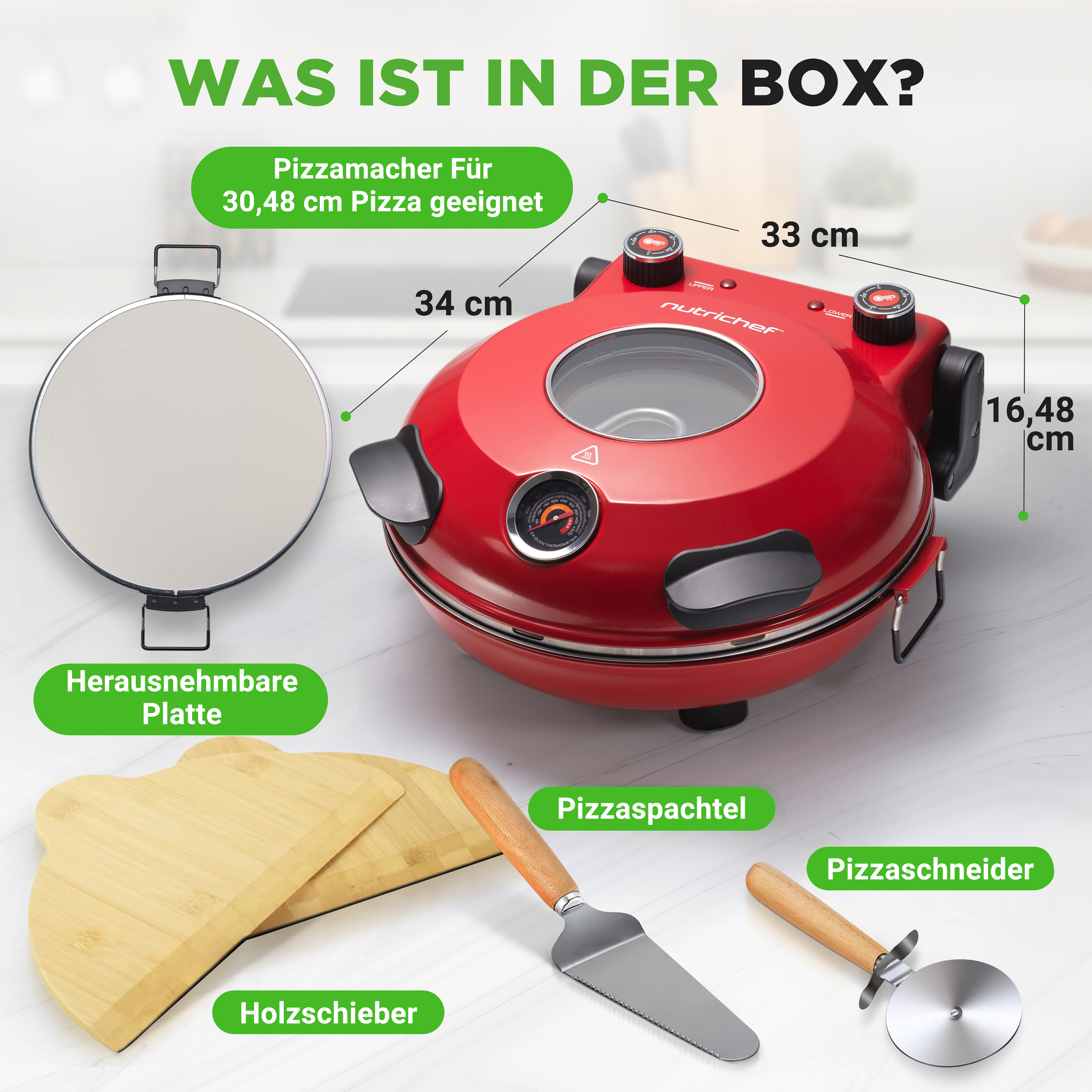 Ein roter Pizzaofen mit Zubehör: Pizzastein, Pizzaschaufel, Pizzaschneider.