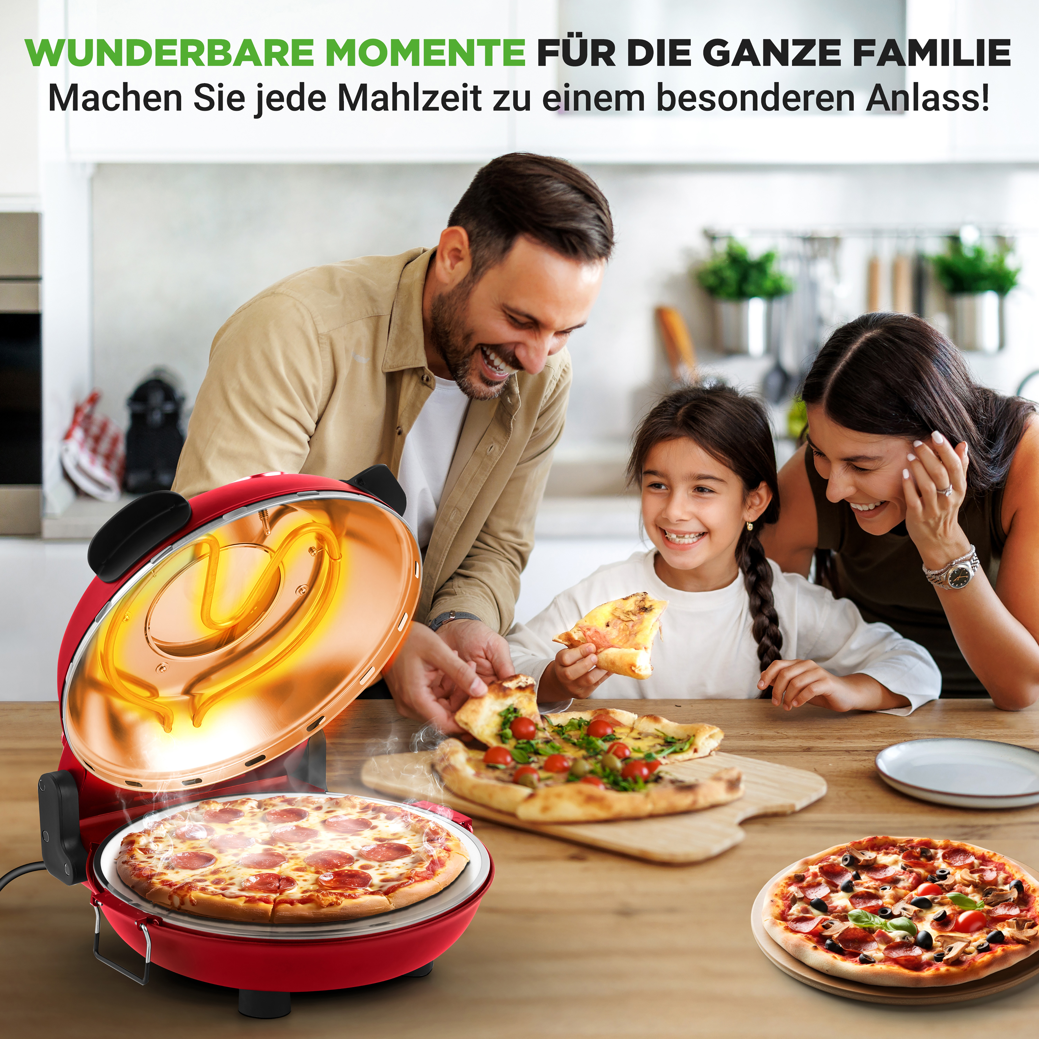 Eine Familie genießt Pizza aus einem roten Ofen in einer Küche.