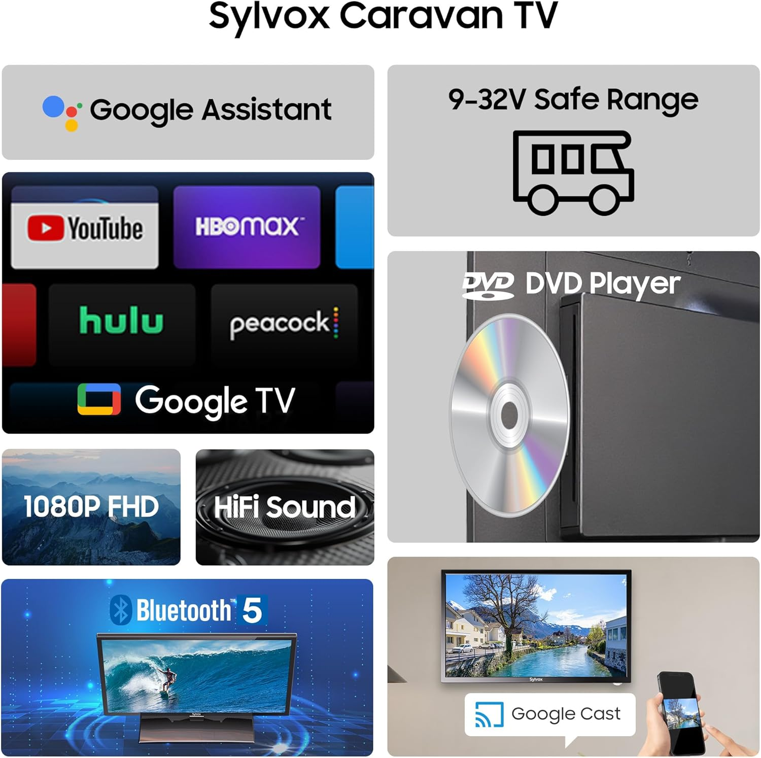 Sylvox Caravan TV mit Google Assistant, 9-32V, DVD-Player, 1080p, HiFi-Sound, Bluetooth 5, Google Cast.