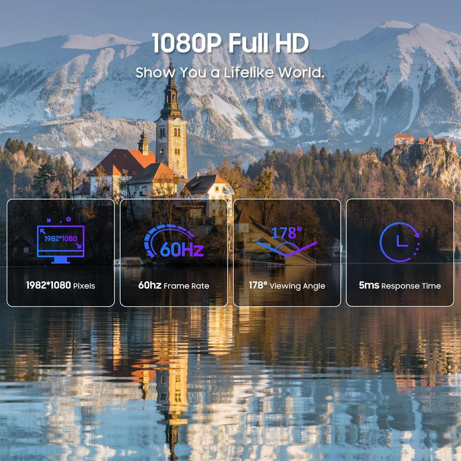 1080p Full HD mit 1982x1080 Pixeln, 60Hz, 178° Blickwinkel, 5ms.