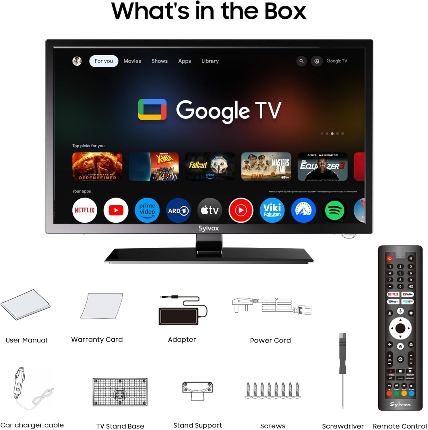 Lieferumfang: Fernseher mit Google TV, Fernbedienung, Handbuch, Garantiekarte, Netzteil, Stromkabel, Ladekabel, Standfuß, Schrauben.