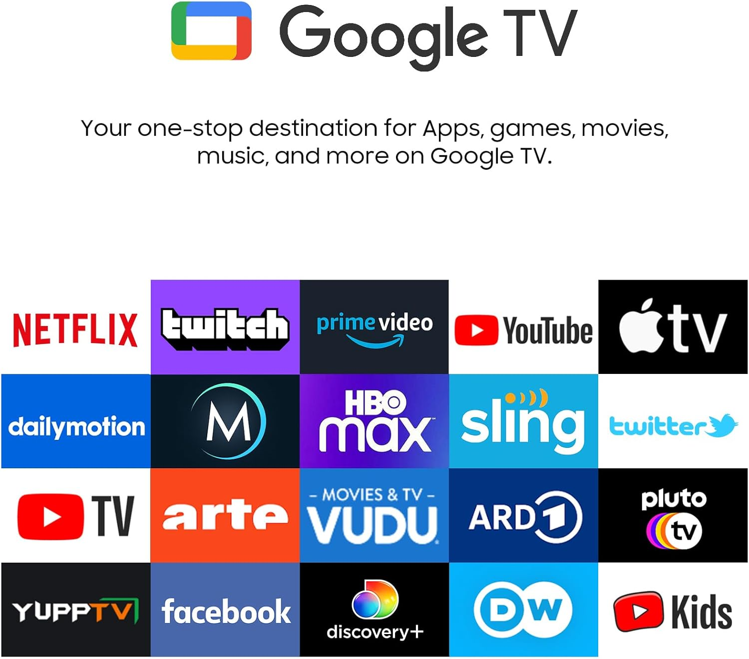 Google TV Logo mit vielen App-Logos wie Netflix, Twitch, YouTube, Apple TV, HBO Max.