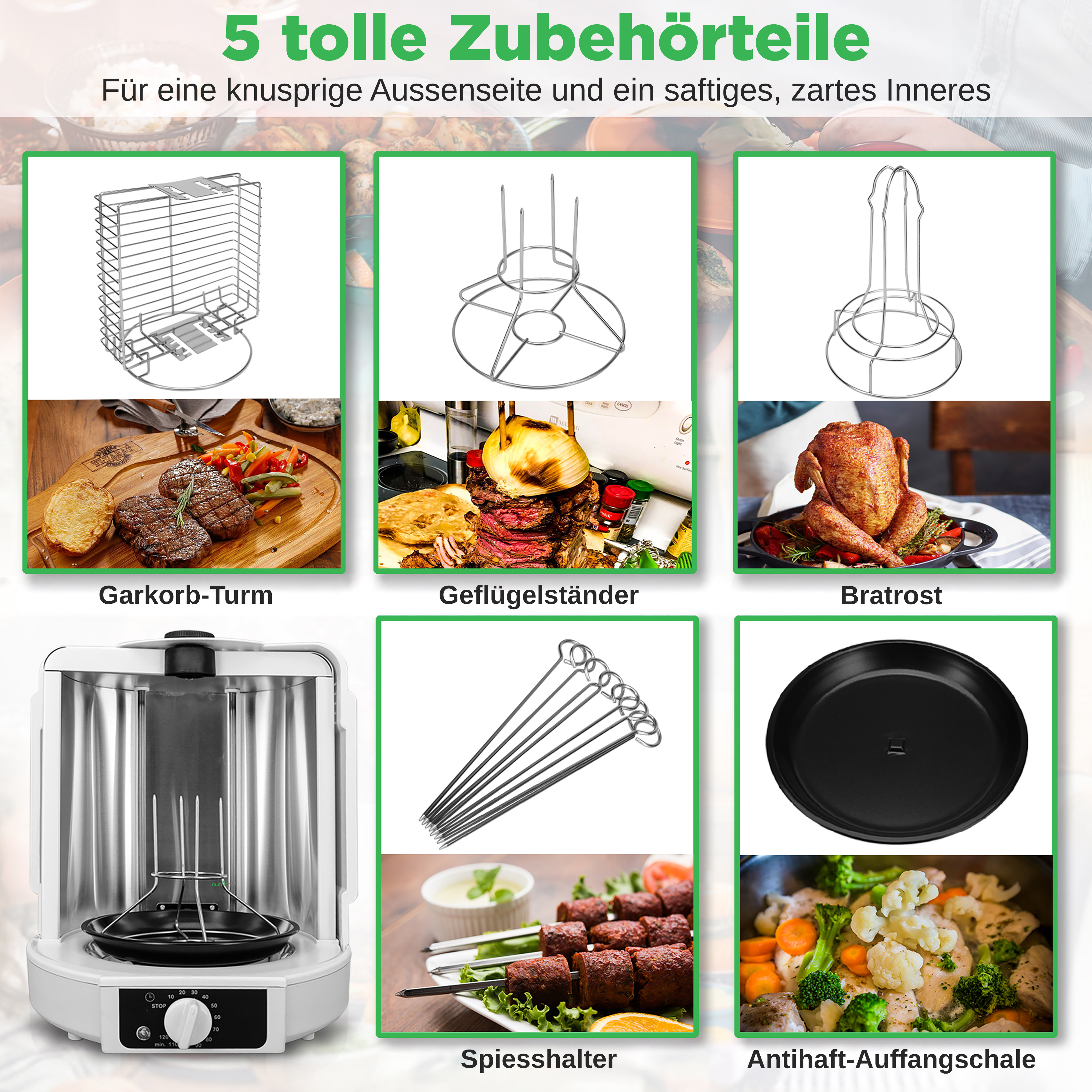 Fünf Küchengeräte: Garkorb, Geflügelständer, Bratrost, Spieße und Auffangschale.