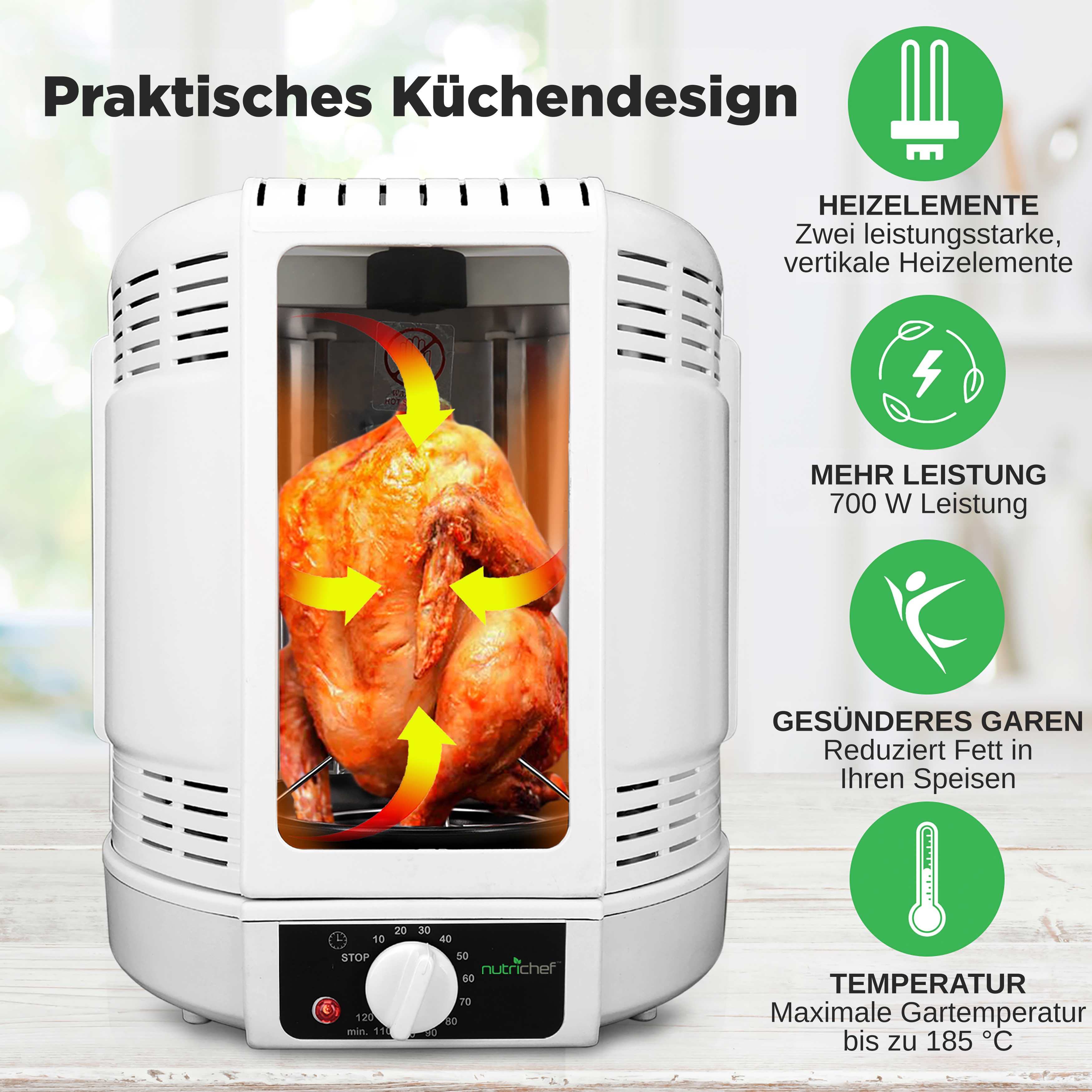 Ein weißer Drehgrill mit einem gebratenen Huhn darin. Pfeile zeigen die Luftzirkulation.