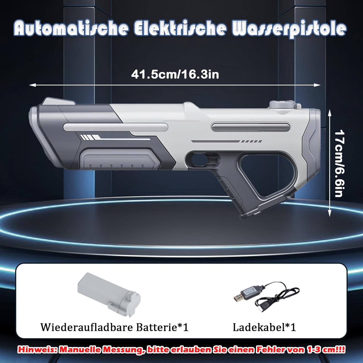 Eine automatische elektrische Wasserpistole, 41,5 cm lang, 17 cm hoch, mit Akku und Ladegerät.
