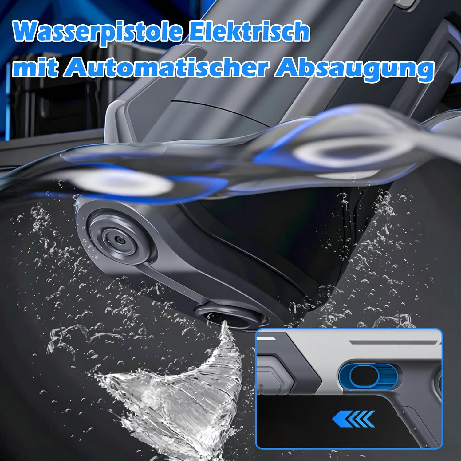 Elektrische Wasserpistole saugt Wasser mit Spritzern an.