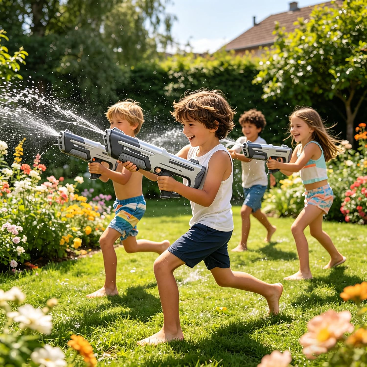 Kinder jagen lachend durch einen Garten und spritzen mit Wasserpistolen.
