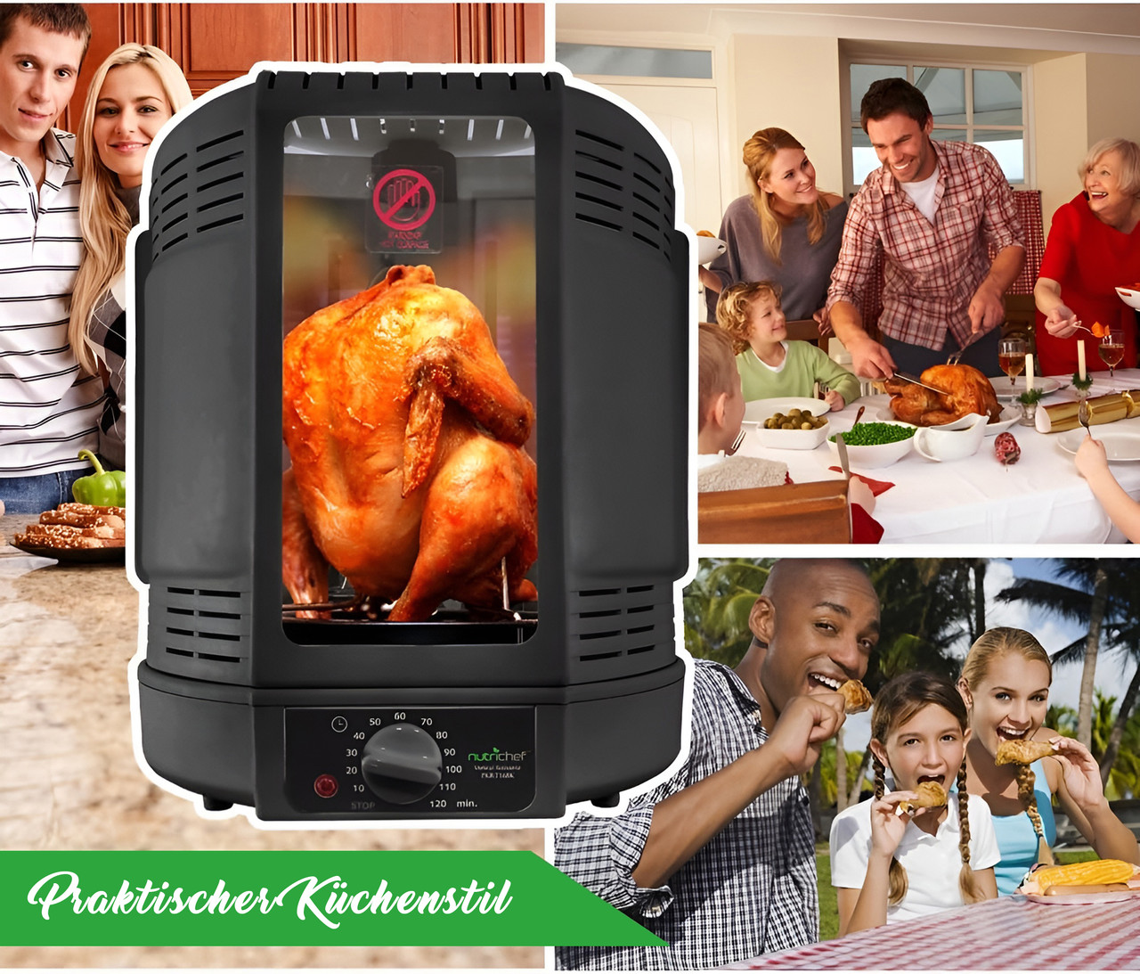 Ein Brathähnchen in einem Ofen, Familien beim Essen und ein Paar im Freien.