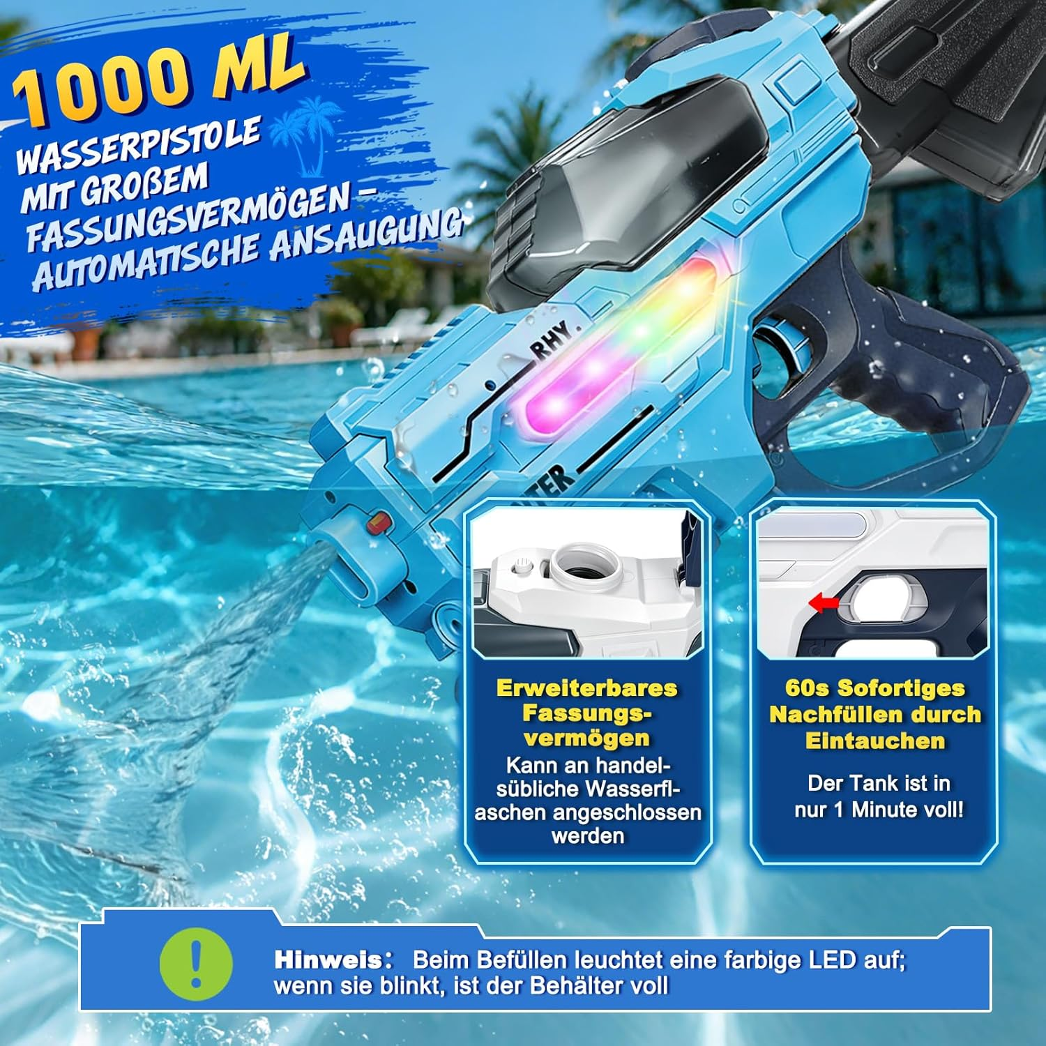 Blaue Wasserpistole mit 1000ml Fassungsvermögen, leuchtenden LEDs, am Pool.