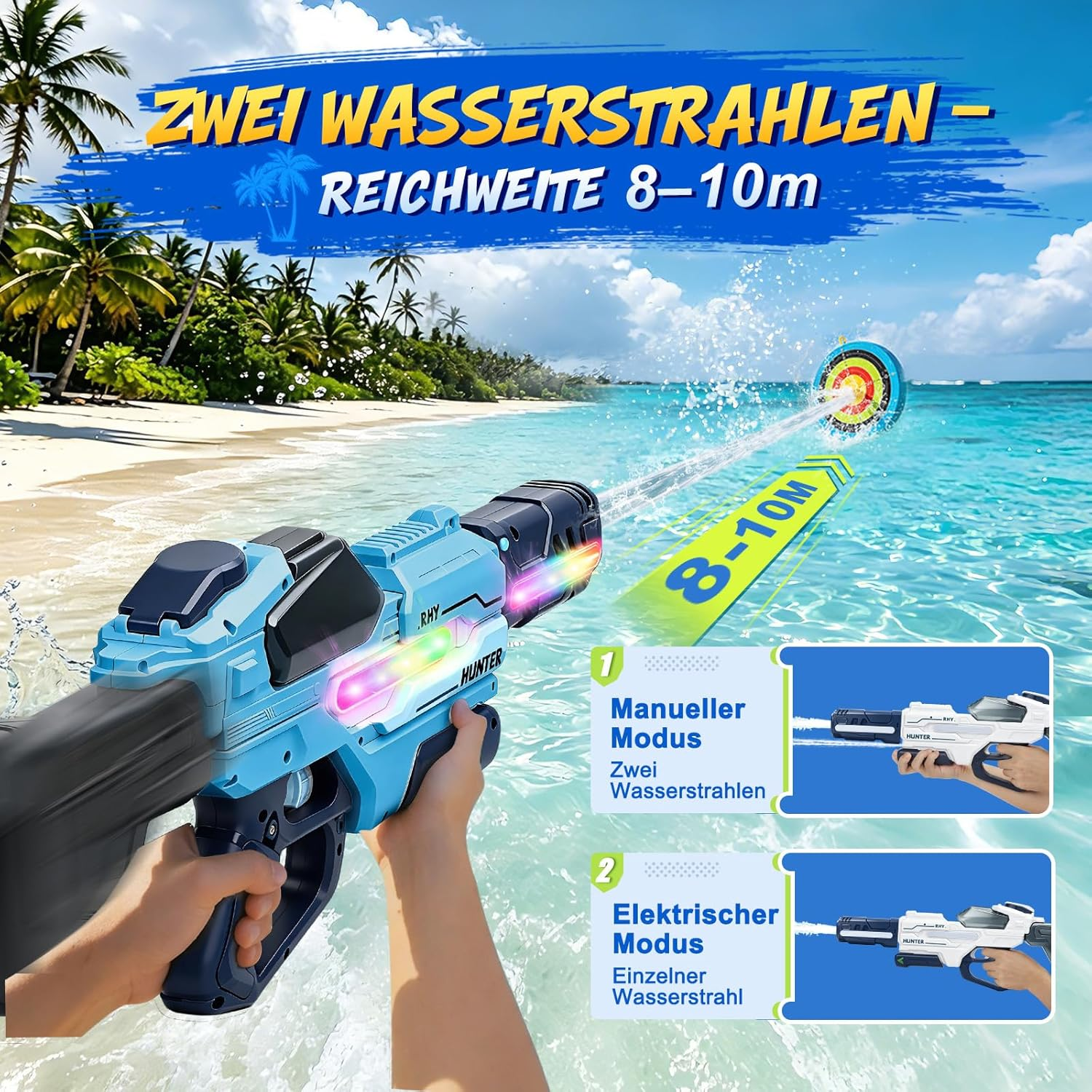 Ein blaues Wasserspielzeug schießt Wasser auf ein Ziel am Strand.