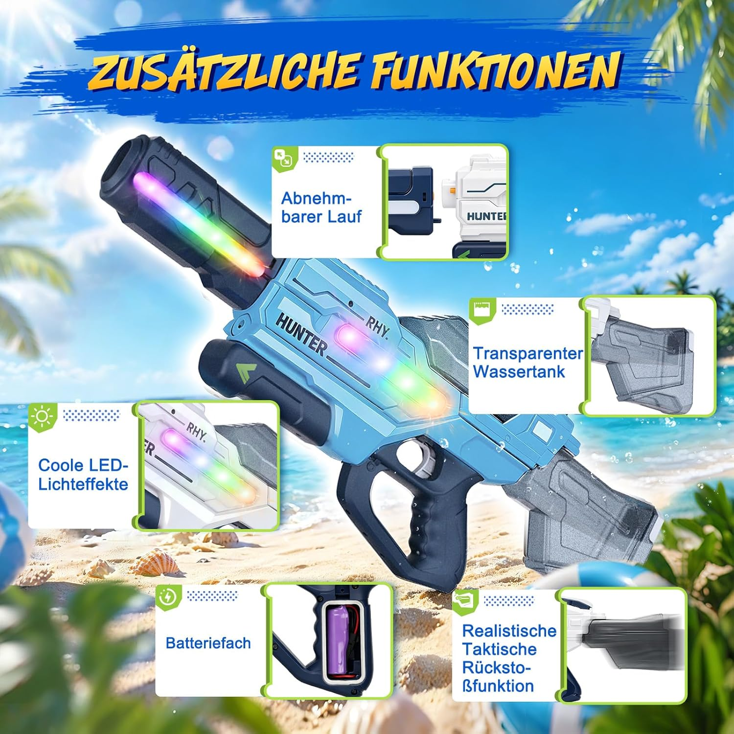 Blauer Spielzeug-Wasserwerfer mit LED-Lichtern und Funktionen auf einem Strand.