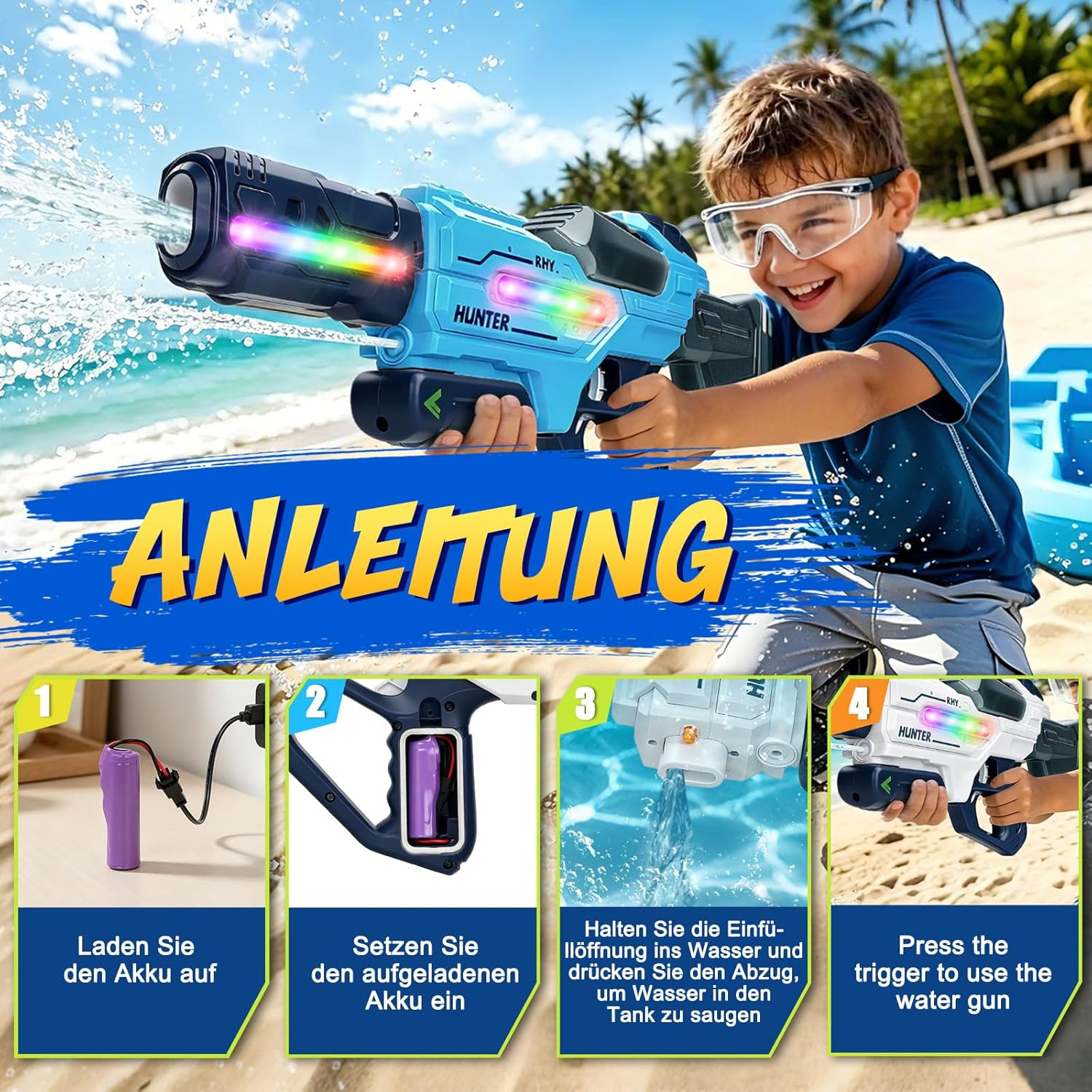 Ein Junge am Strand mit einer blauen Wasserpistole, Anleitungsschritte.